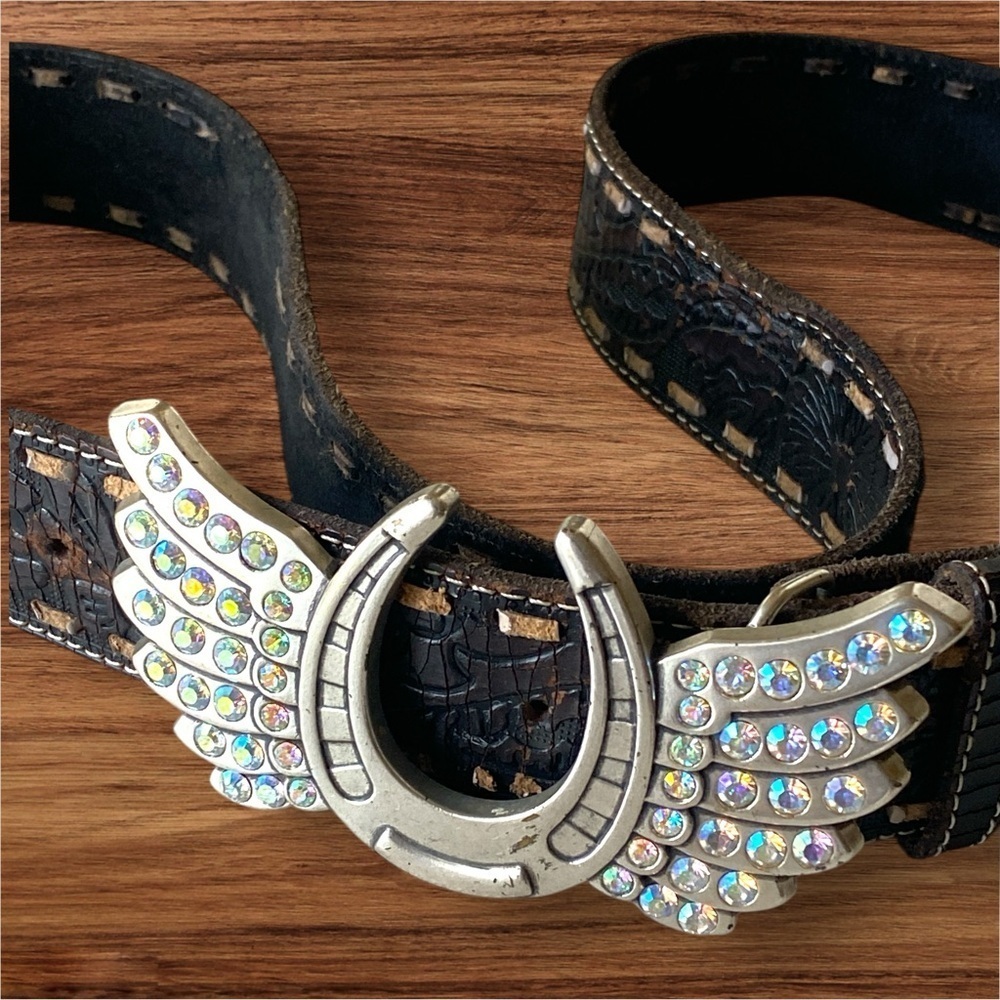 Vintage Etched Leather Rhinestone Horseshoe Black Belt w/Detachable Hardware XL - Picture 7 of 10